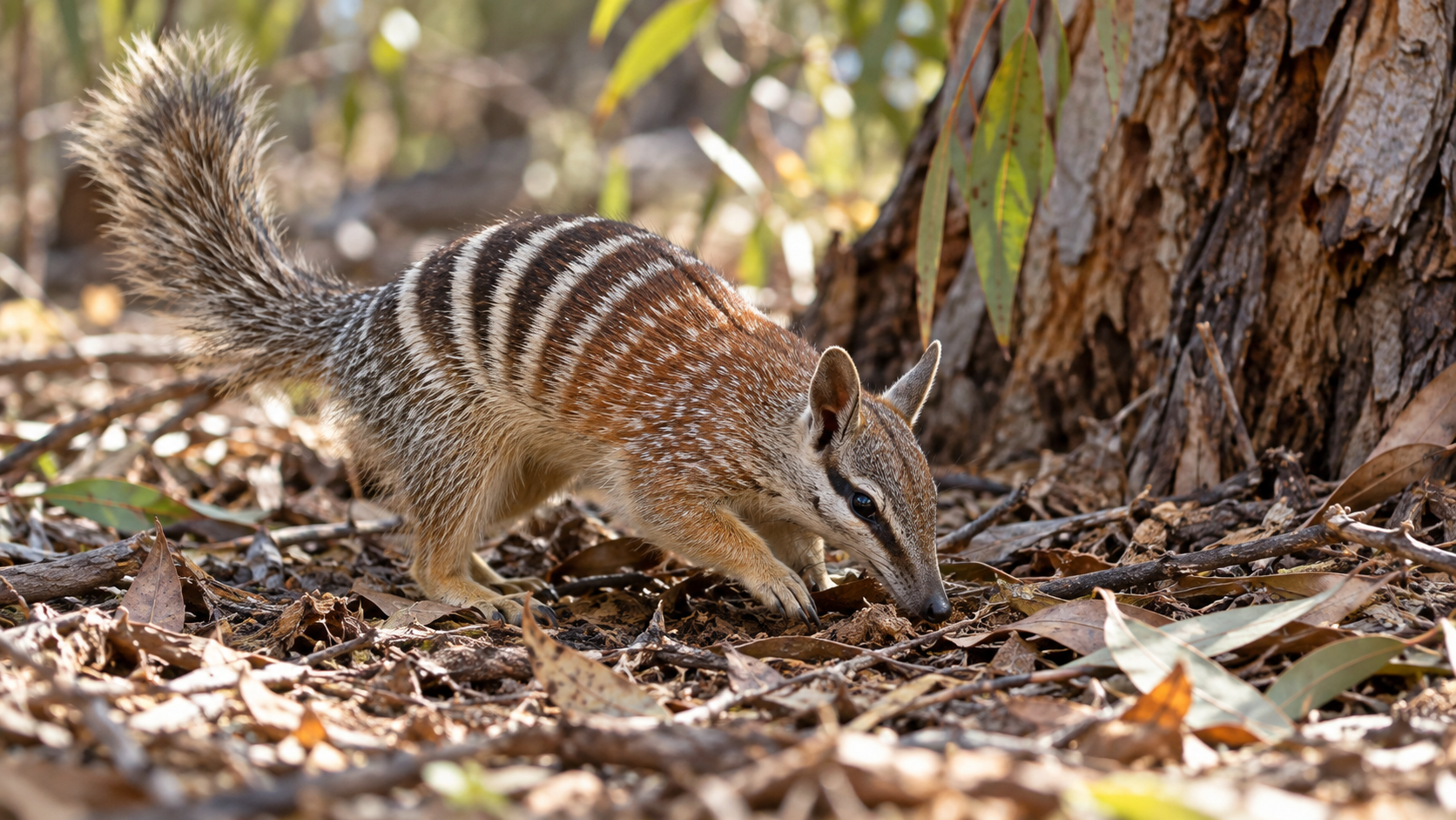 Petit marsupial rayé au pelage roux fouillant la litière de feuilles au pied d’un eucalyptus.