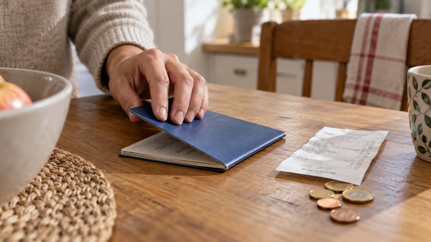Une main referme un livret d'épargne papier posé sur une table de cuisine, à côté d'un ticket de caisse et de quelques pièces.