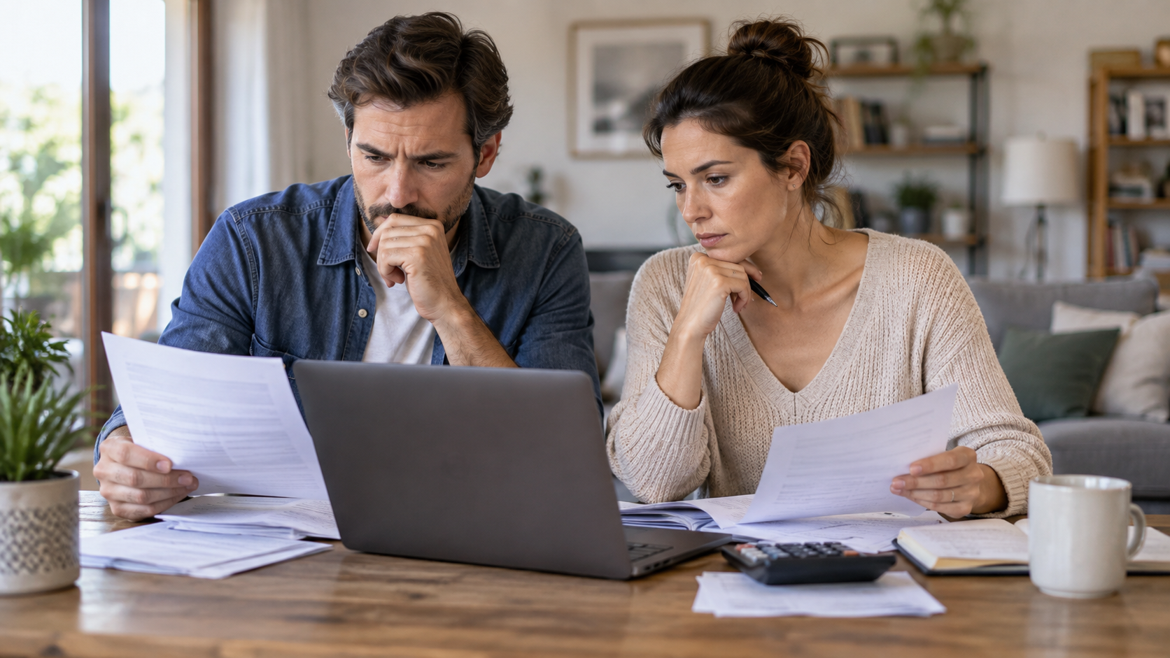 Un couple compare des relevés bancaires devant un ordinateur portable, dans un salon.