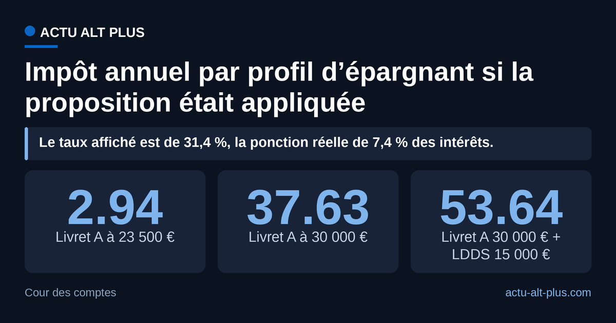 Même en cumulant un Livret A à 30 000 euros et un LDDS à 15 000 euros, l’impôt annuel resterait sous 54 euros. Calcul à taux inchangés (1,7 %) et au prélèvement forfaitaire unique de 31,4 %.