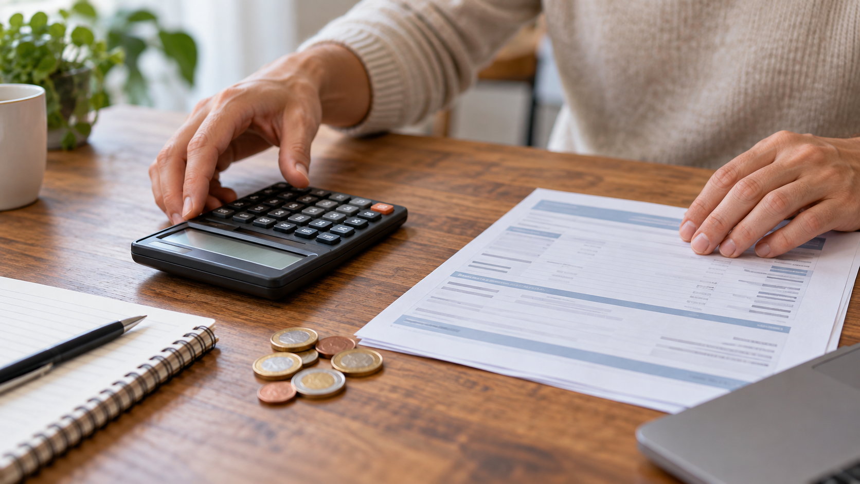 Deux mains posent une calculatrice à côté d’un relevé bancaire et de quelques pièces en euros.