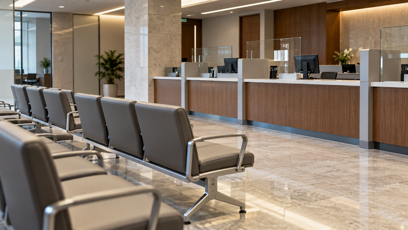 La salle d’attente vide d’une agence bancaire, chaises alignées face au guichet.