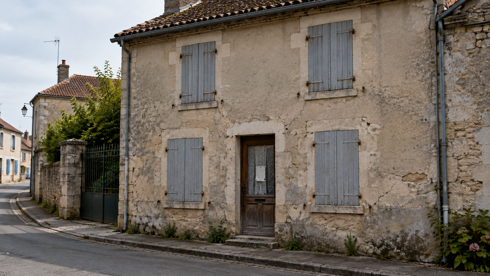 Maison de bourg aux volets fermés sur une rue de village française, une affichette décollée derrière la vitre de la porte.
