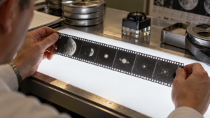 Une bande de microfilm tenue au-dessus d’une table lumineuse, montrant de fines silhouettes de planète et d’étoiles.