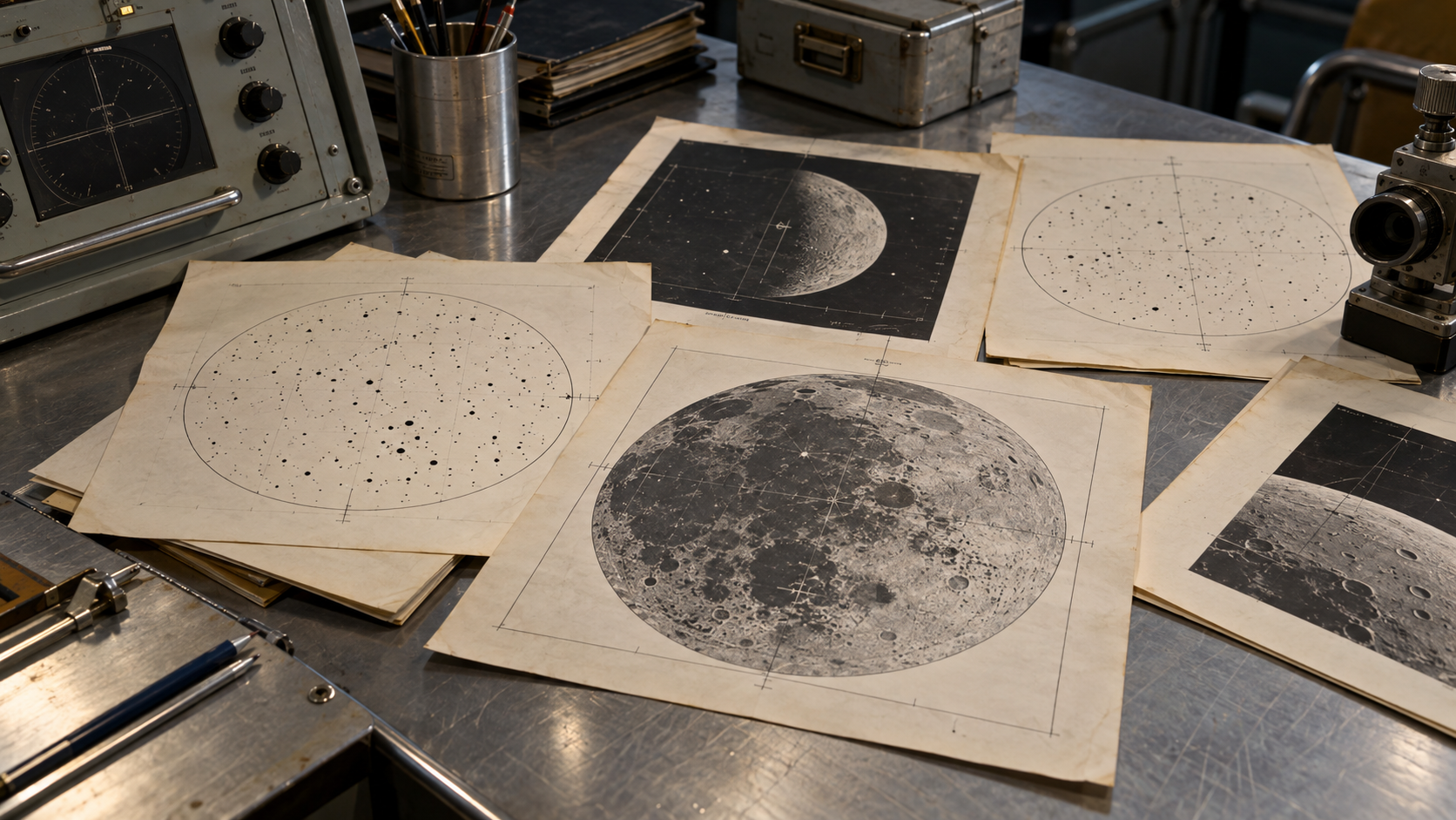 Des tirages papier posés sur un bureau métallique, montrant un disque au contour tracé et des points d’étoiles.