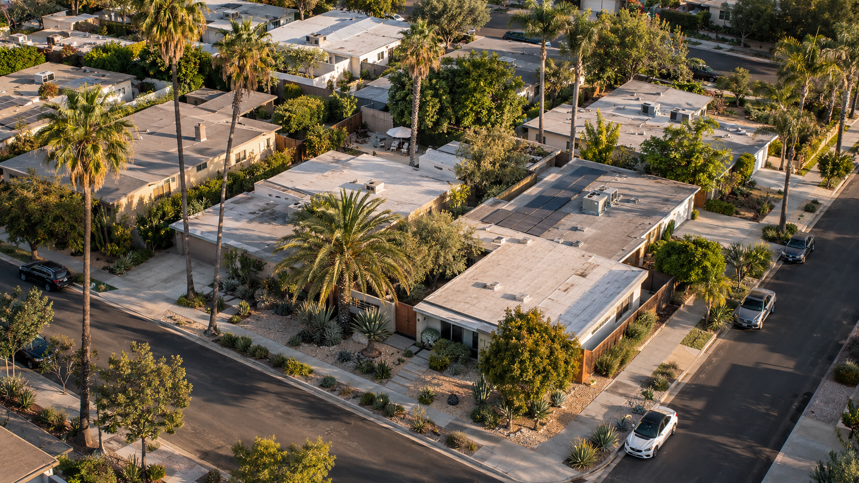 Vue aérienne rapprochée d’un pâté de maisons de Los Angeles : bungalows de plain-pied à toit plat, allées de béton et palmiers.
