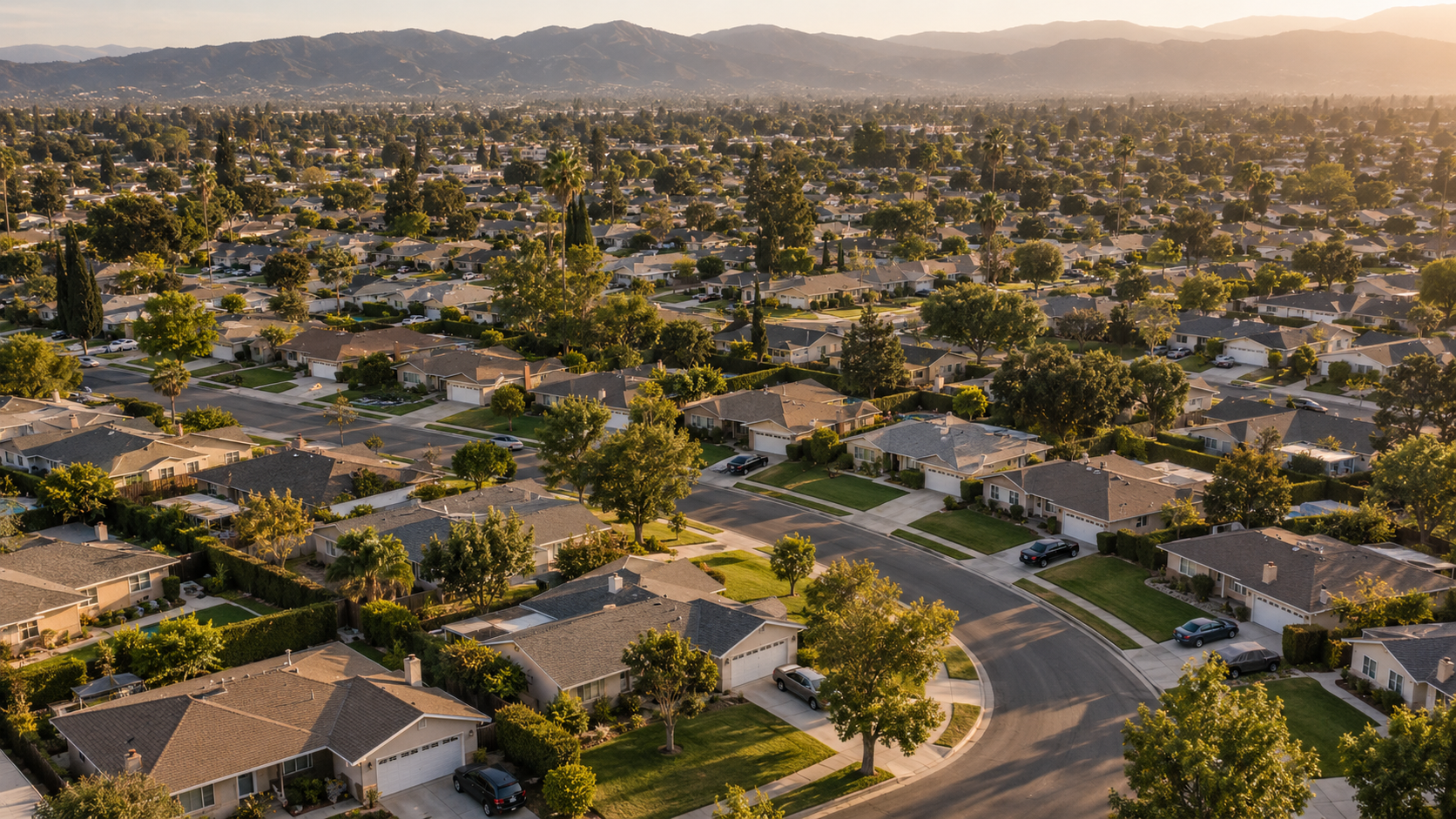 Vue aérienne d’un lotissement pavillonnaire de la San Fernando Valley : maisons de plain-pied identiques alignées le long de rues courbes.