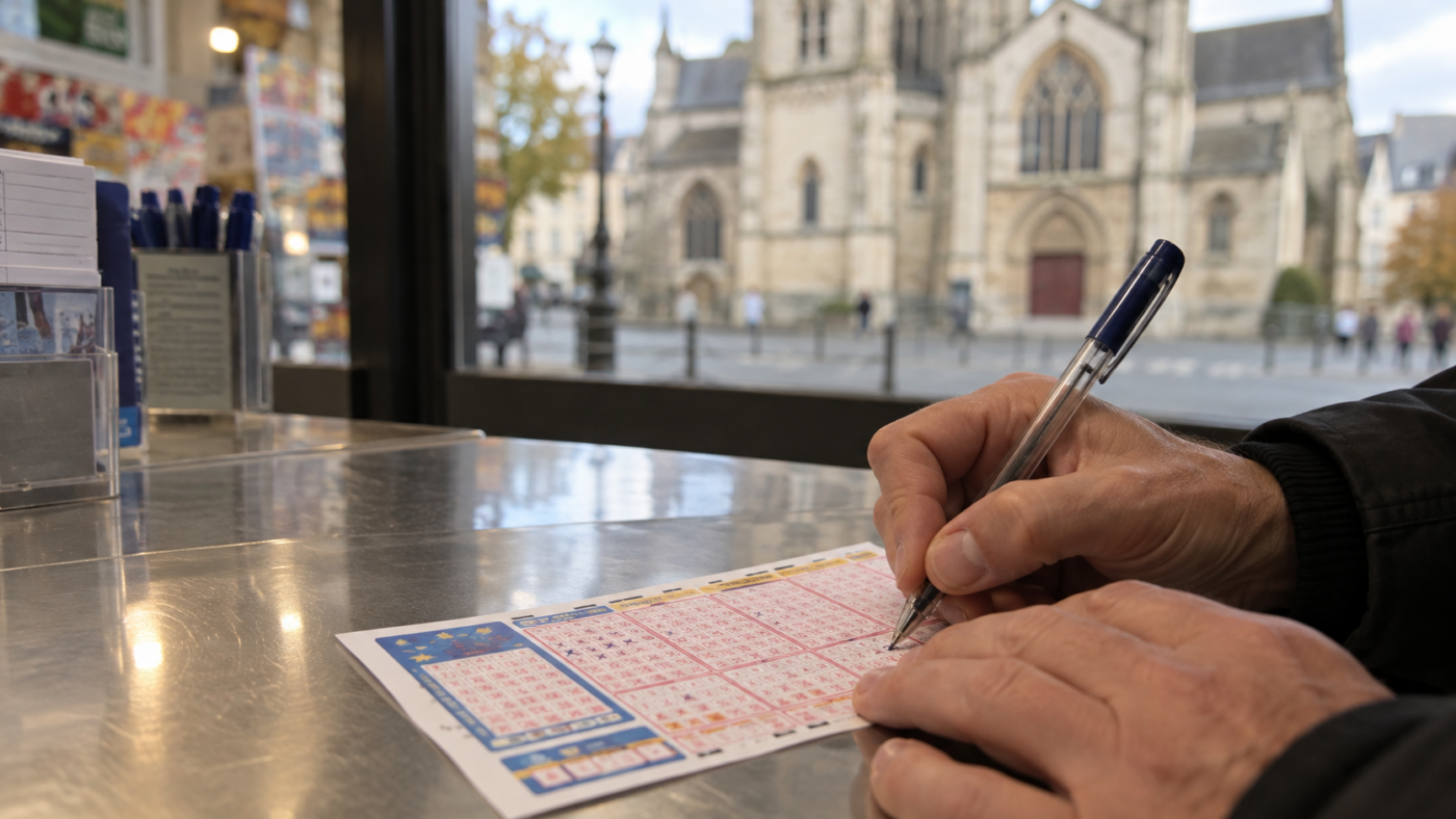 Des mains remplissent une grille de loto en papier sur un comptoir en zinc, une façade d'église ancienne floue derrière la vitre