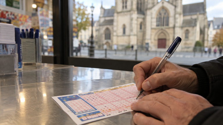 Des mains remplissent une grille de loto en papier sur un comptoir en zinc, une façade d'église ancienne floue derrière la vitre