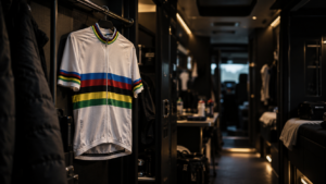 Un maillot de cyclisme à bandes arc-en-ciel accroché à une barre métallique dans la pénombre d’un bus d’équipe.