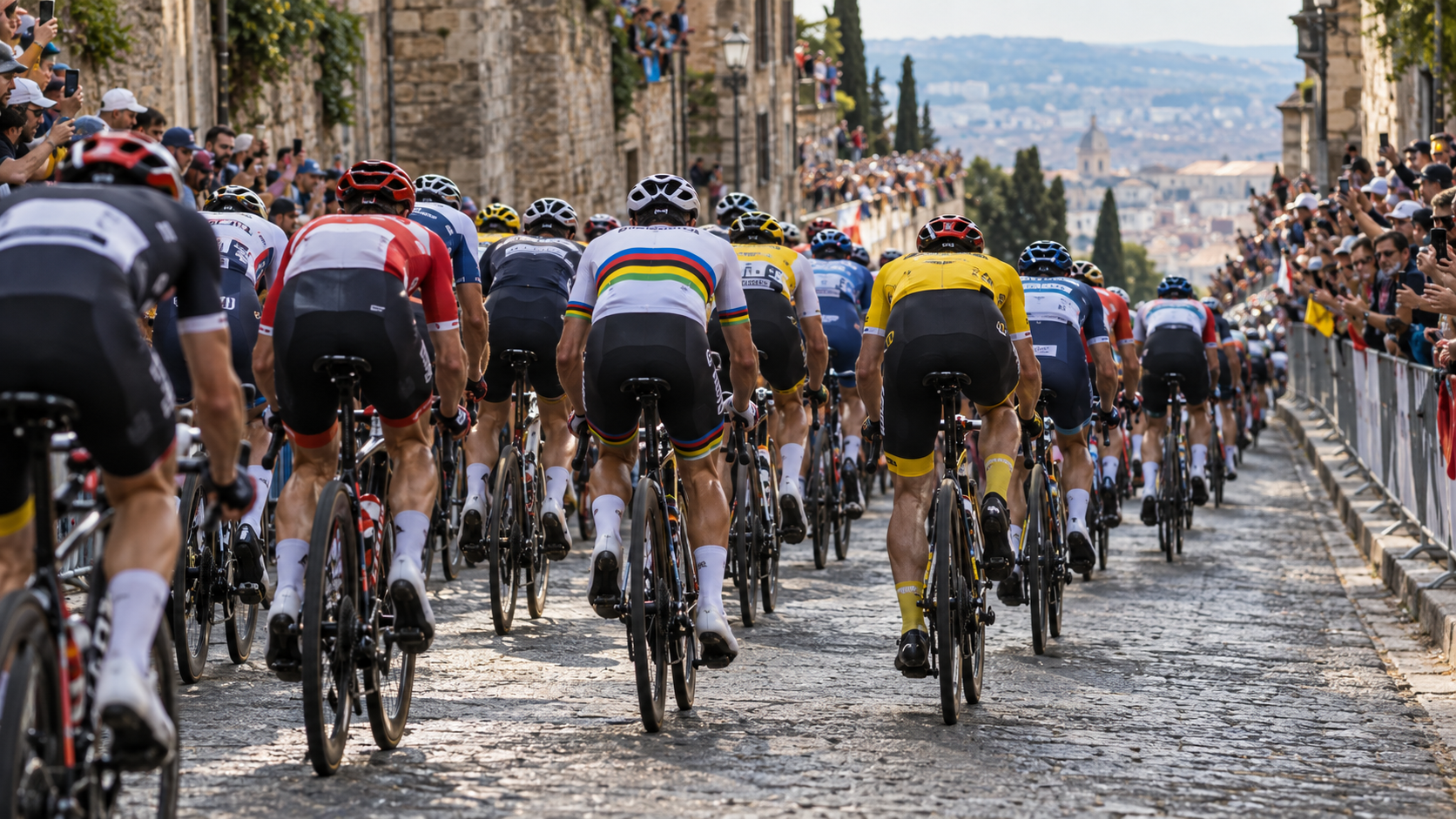 Vu de dos, un peloton grimpe une côte urbaine bordée de barrières, un coureur en maillot à bandes arc-en-ciel au milieu du groupe.