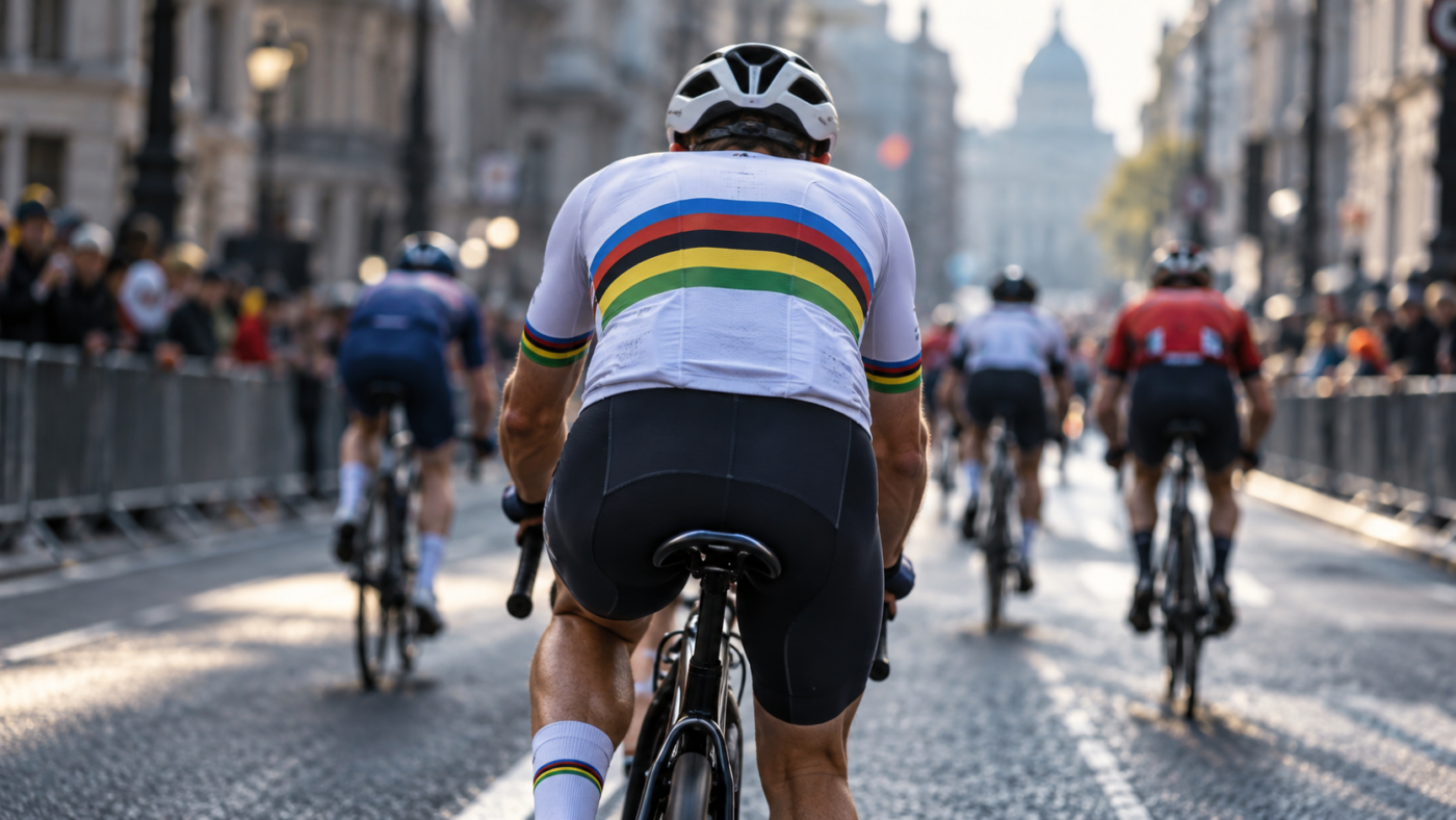 Un cycliste vu de dos porte un maillot blanc à cinq bandes de couleur pendant une course sur route en ville.