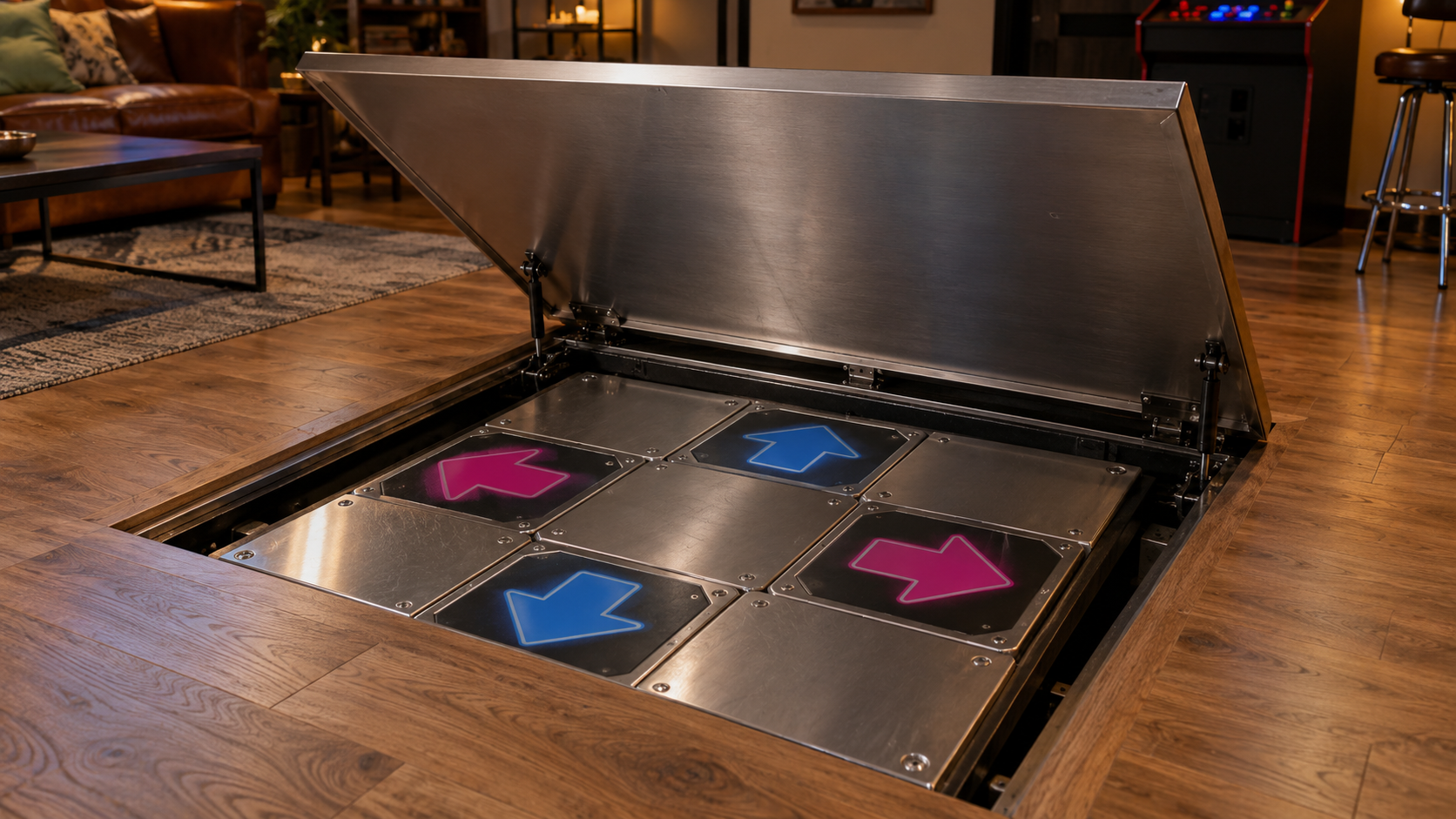 Un panneau d’aluminium relevé dans un plancher en bois découvre un tapis de danse métallique encastré.