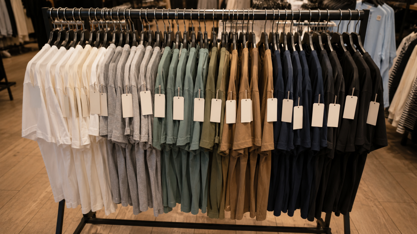 Portant de t-shirts bon marché dans une boutique de vêtements en France, étiquettes de prix vierges tournées vers le client.