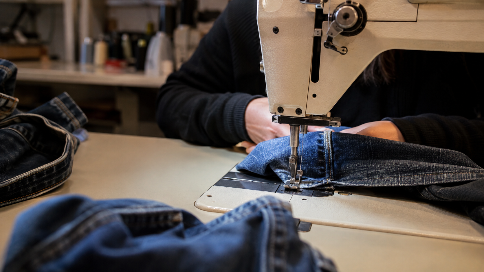 Mains d’une couturière recousant la couture d’un jean sur une machine dans un atelier de retouche.
