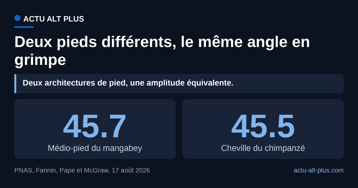Le médio-pied du mangabey enfumé atteint 45,7 degrés de flexion dorsale, soit 0,2 degré de plus que la cheville d’un chimpanzé : la mesure porte sur des angles filmés, pas sur des forces.