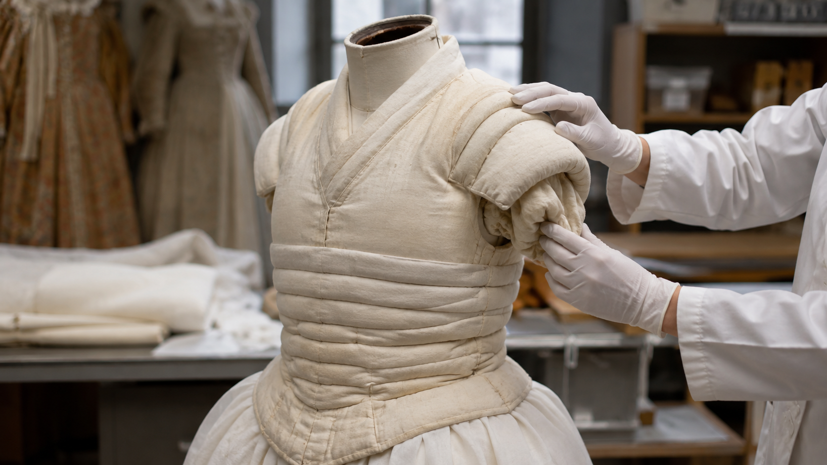 Un mannequin de musée sans tête rembourré couche après couche pour retrouver une silhouette d’époque, des mains gantées ajustant une épaule capitonnée.