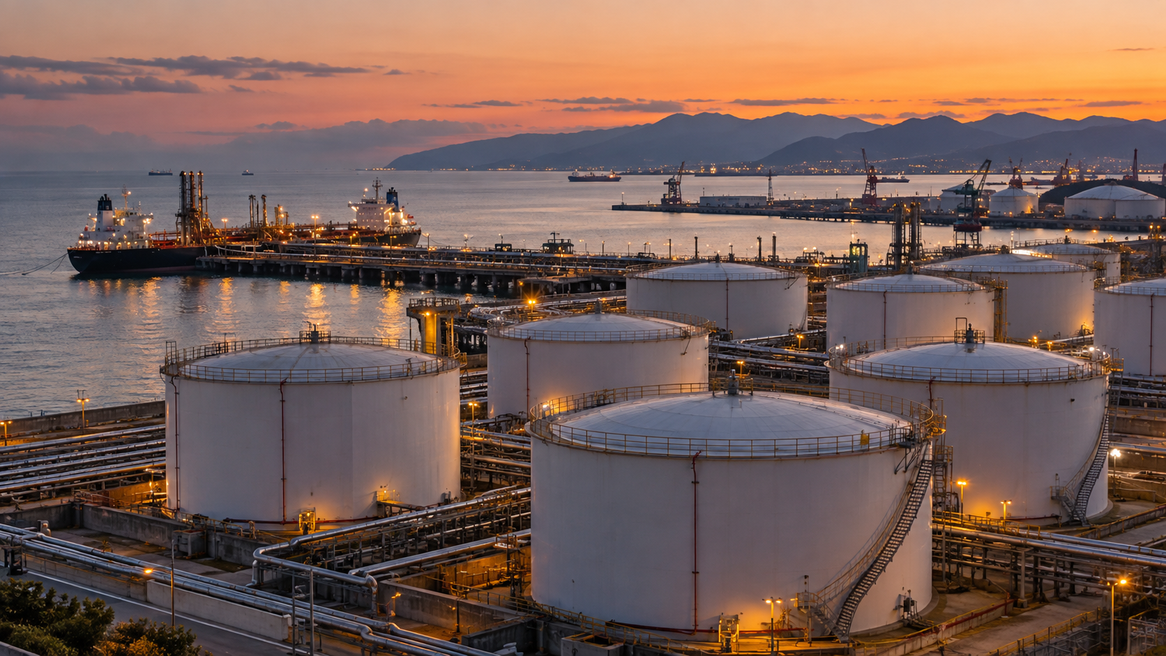 Parc de réservoirs pétroliers blancs alignés au bord d’un port industriel méditerranéen, au crépuscule.