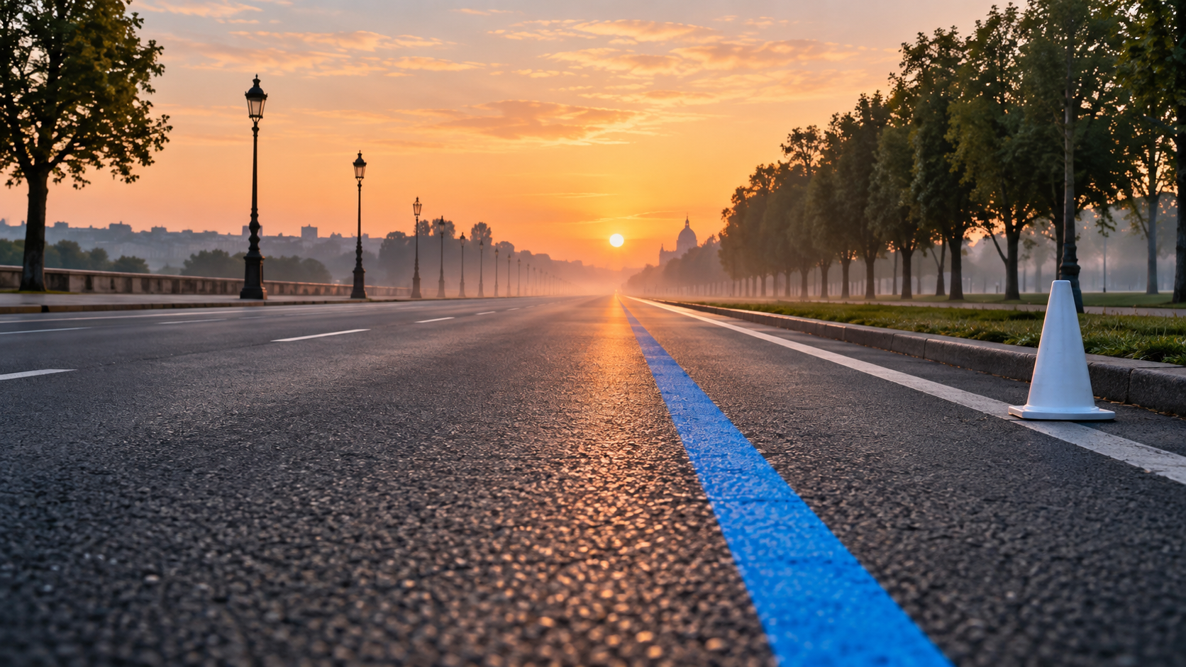 Boulevard d’asphalte parfaitement plat et vide à l’aube, ligne bleue de course peinte filant droit vers l’horizon, cône blanc de repère au bord de la chaussée