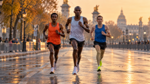 Trois coureurs d’élite en tête de course sur une large avenue urbaine déserte au petit matin d’automne, barrières de foule floues en arrière-plan.