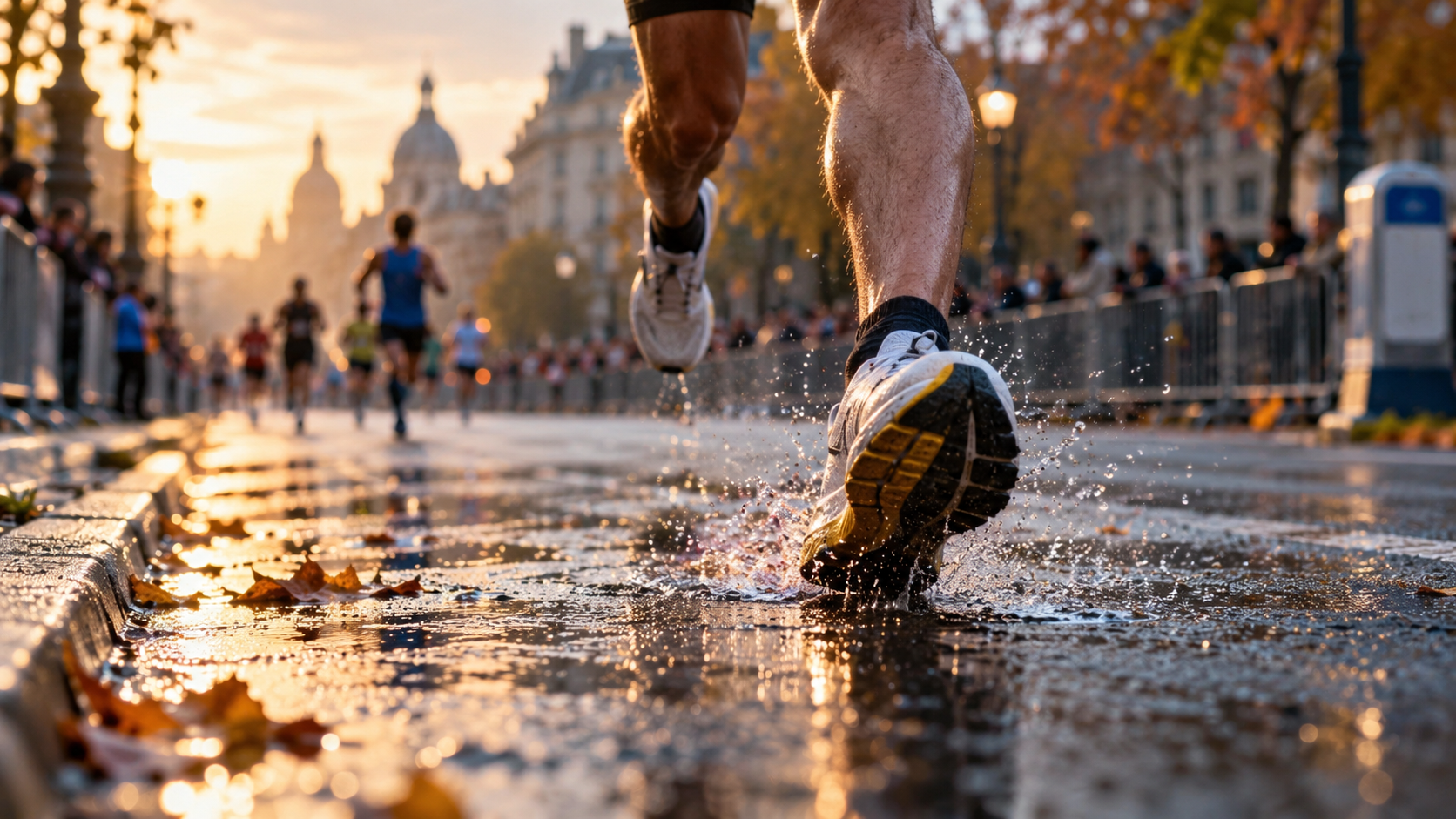Gros plan en contre-bas sur les jambes et les chaussures d’un coureur frappant l’asphalte humide, panneau kilométrique flou au bord de la route.