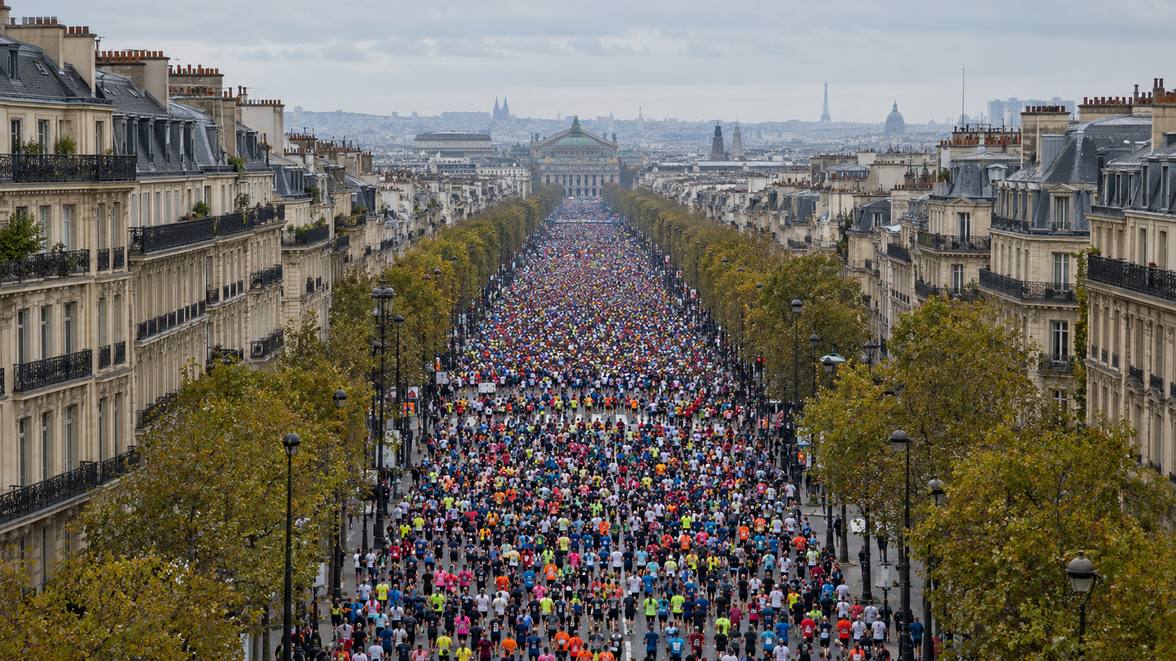 Vue aérienne de milliers de coureurs amateurs remplissant une large avenue haussmannienne au départ d’un marathon, par un matin gris.