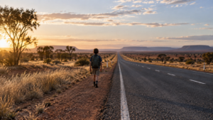 Un enfant de dos marche au bord d’une longue route rectiligne dans la campagne australienne, petit sac sur le dos.