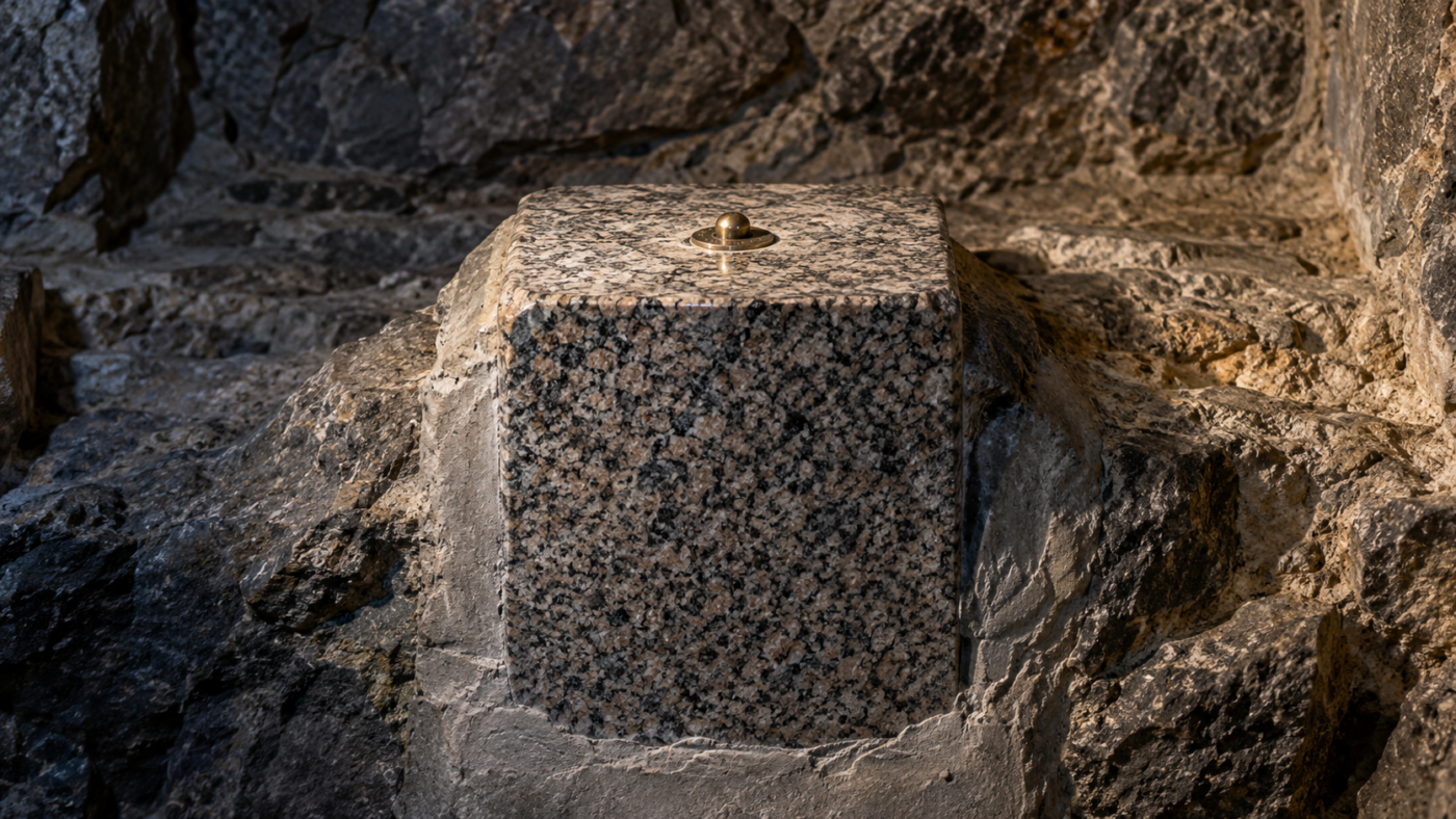 Bloc de granit poli scellé dans la roche d’une chambre souterraine, un petit rivet de bronze luisant à son sommet.