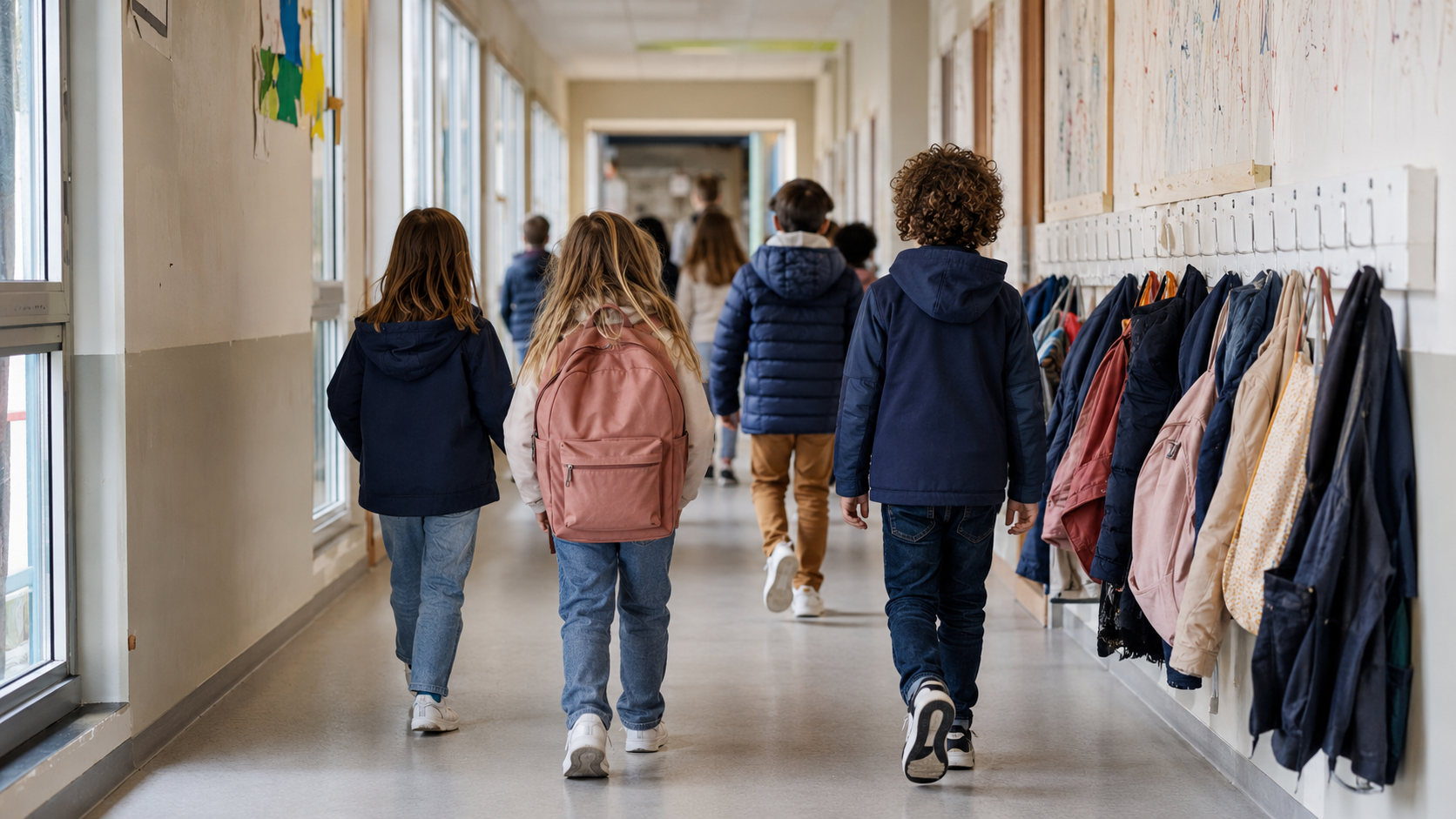 Des élèves de primaire vus de dos avancent dans le couloir à porte-manteaux d’une école publique française.