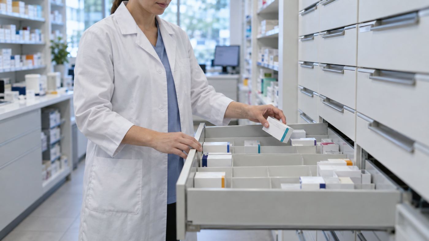 Des mains replacent une boîte de médicament vide dans un tiroir de pharmacie à moitié garni.