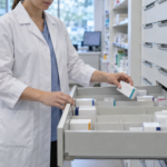 Des mains replacent une boîte de médicament vide dans un tiroir de pharmacie à moitié garni.