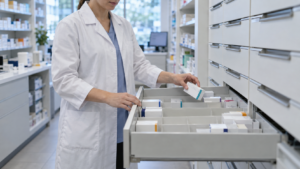 Des mains replacent une boîte de médicament vide dans un tiroir de pharmacie à moitié garni.
