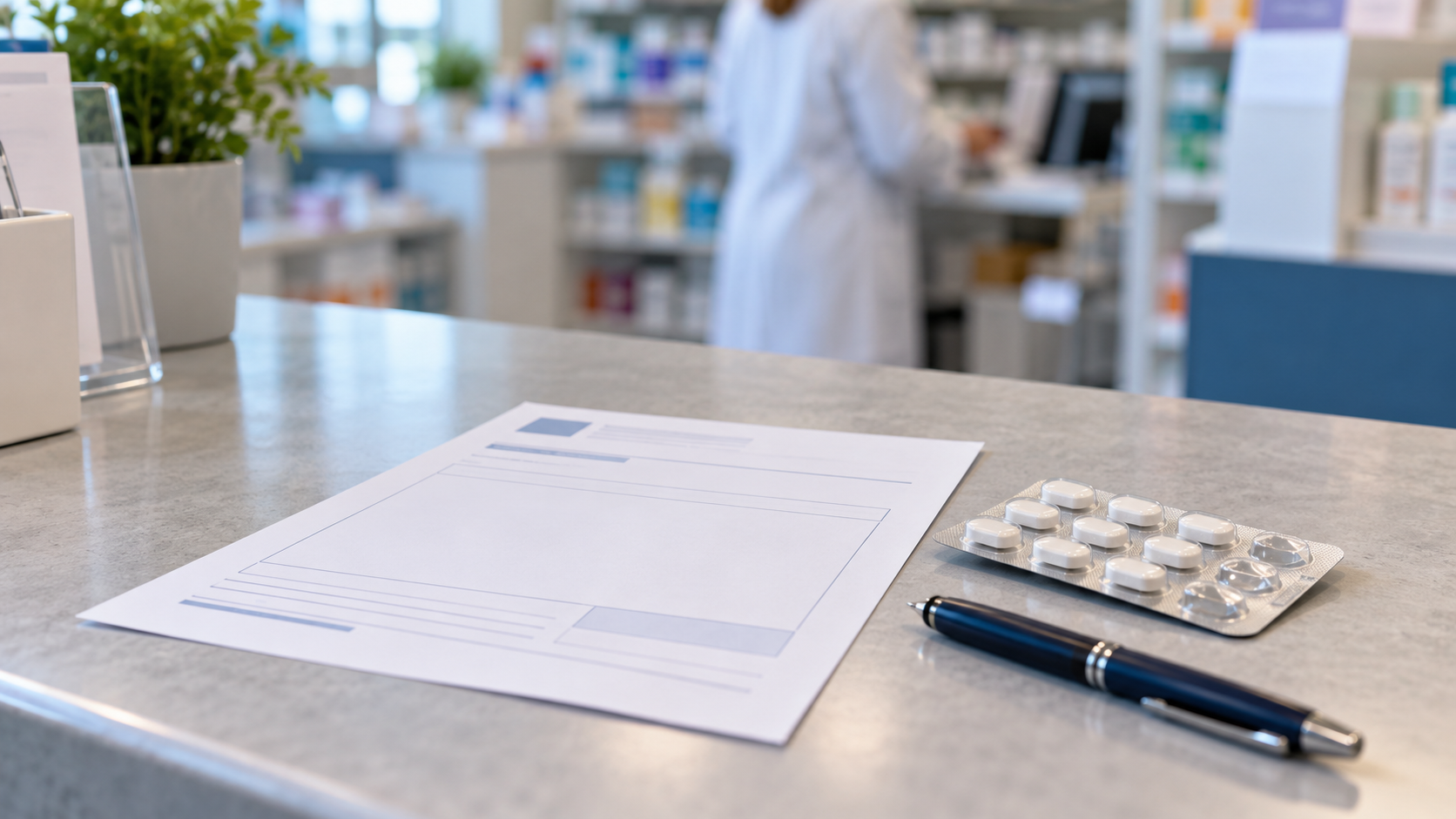 Une ordonnance posée sur un comptoir de pharmacie, à côté d’une plaquette de comprimés et d’un stylo.
