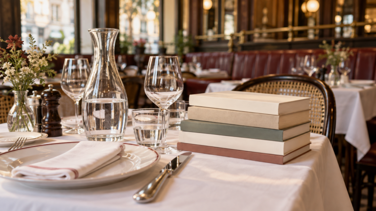 Table de brasserie dressée pour un déjeuner, une pile de romans aux couvertures neutres posée à côté des verres