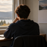 Un adolescent de dos, assis à un bureau près d'une fenêtre, un calendrier mural en papier accroché à côté de lui.