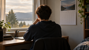 Un adolescent de dos, assis à un bureau près d'une fenêtre, un calendrier mural en papier accroché à côté de lui.
