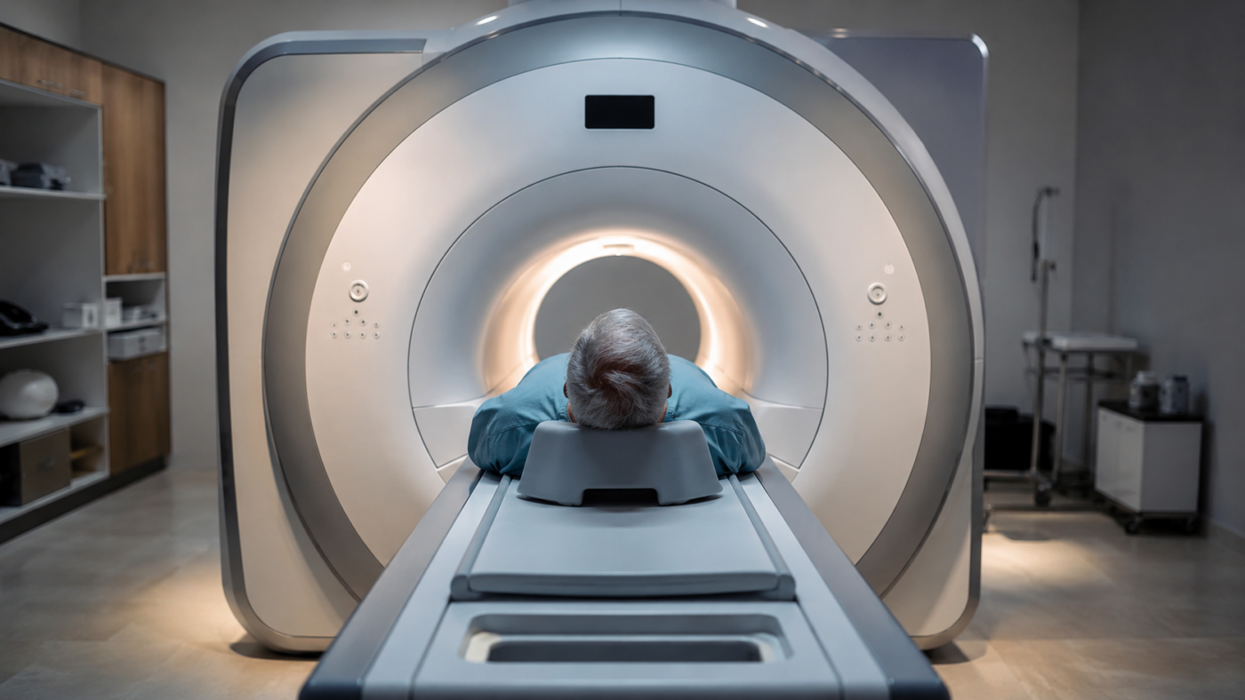 Un adulte d’une soixantaine d’années, vu de dos, allongé sur la table coulissante d’un scanner à IRM dans une salle de recherche.