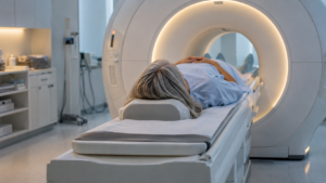 Une femme d'une cinquantaine d'années, vue de dos, allongée sur la table d'un appareil d'IRM dans une salle d'imagerie éclairée doucement.