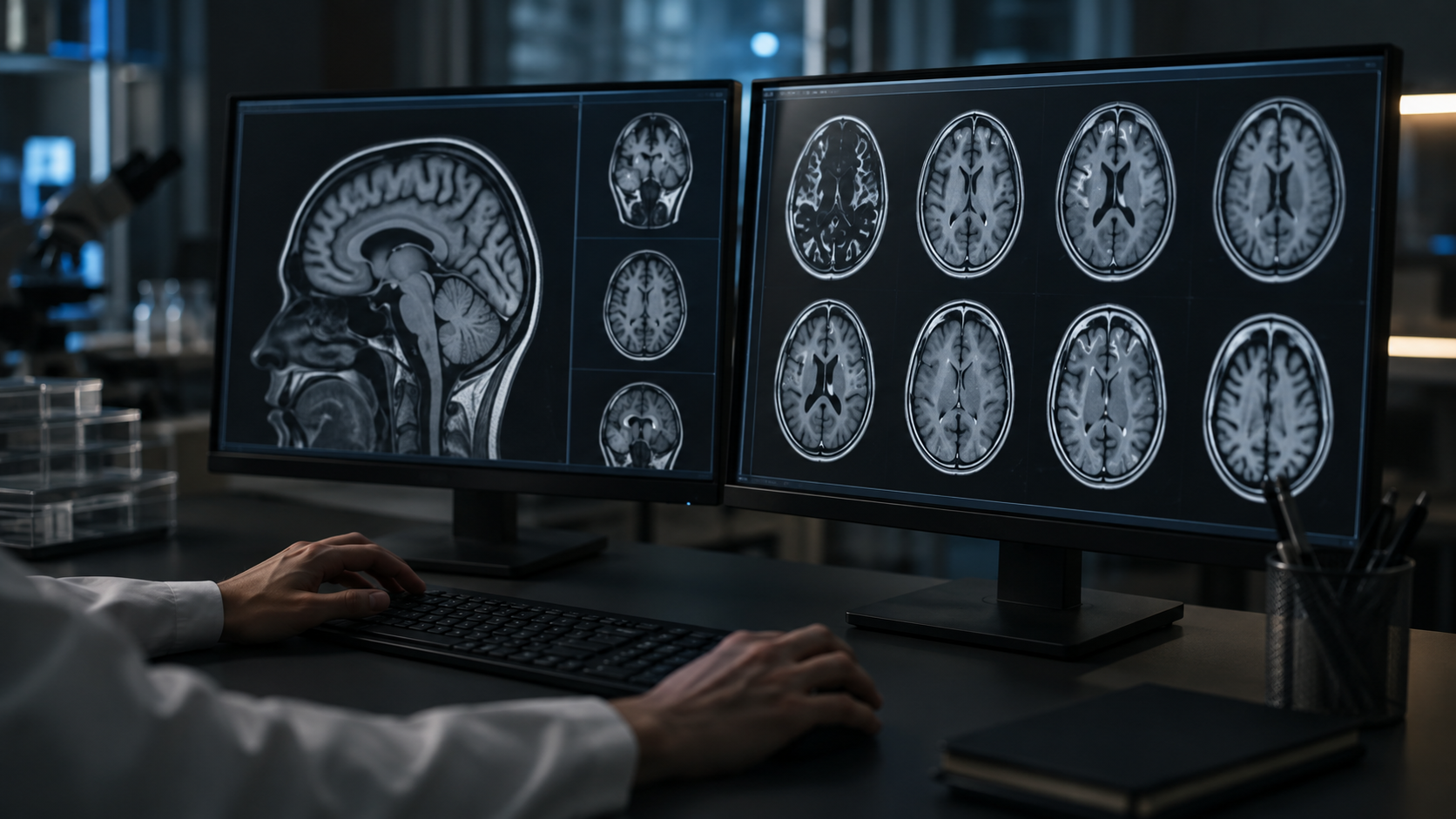 Deux écrans affichant des coupes d'IRM cérébrales en niveaux de gris sur le bureau sombre d'un laboratoire, mains posées sur un clavier, sans visage visible.