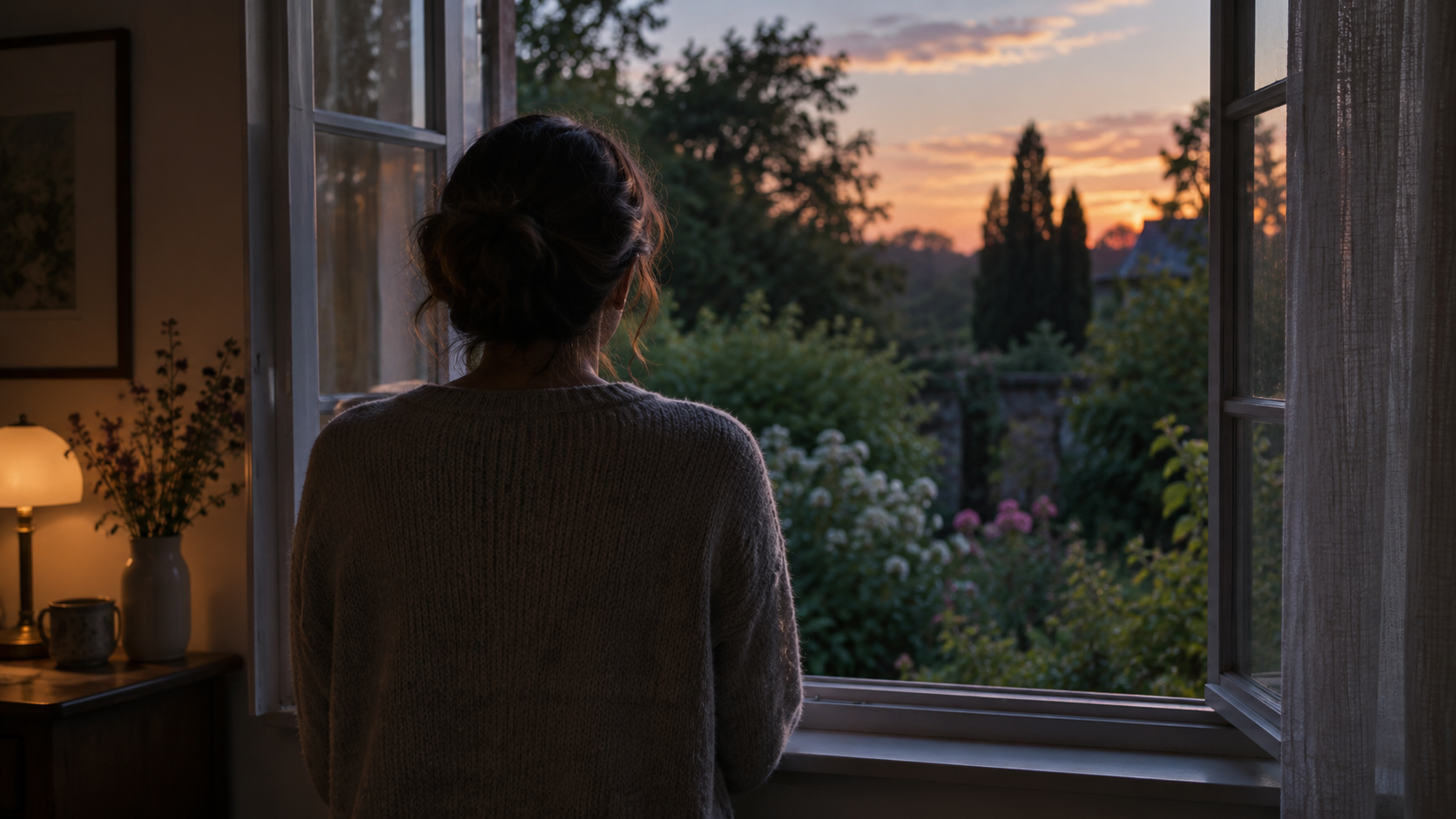 Une personne vue de dos, accoudée à une fenêtre ouverte au crépuscule, écoutant le jardin.