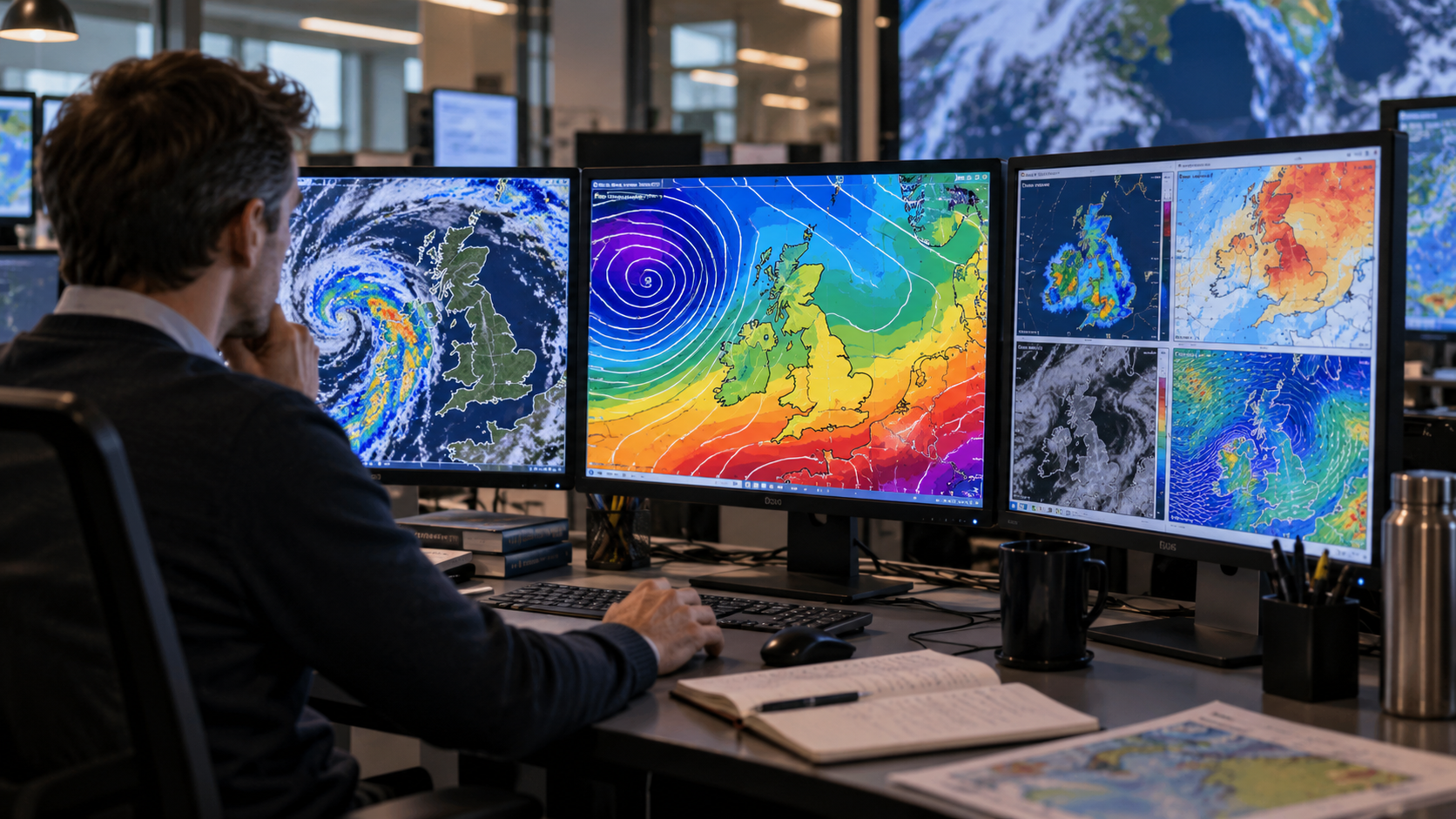 Poste de prévisionniste avec plusieurs écrans affichant des cartes de modèles météo colorées sur les îles Britanniques.