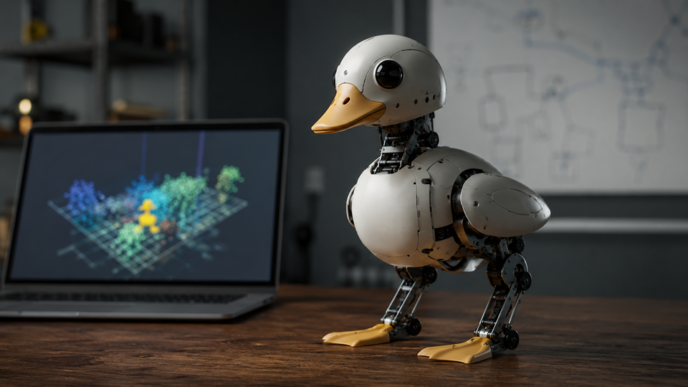 Un petit robot bipède posé sur un bureau en bois, à côté d’un ordinateur portable ouvert.