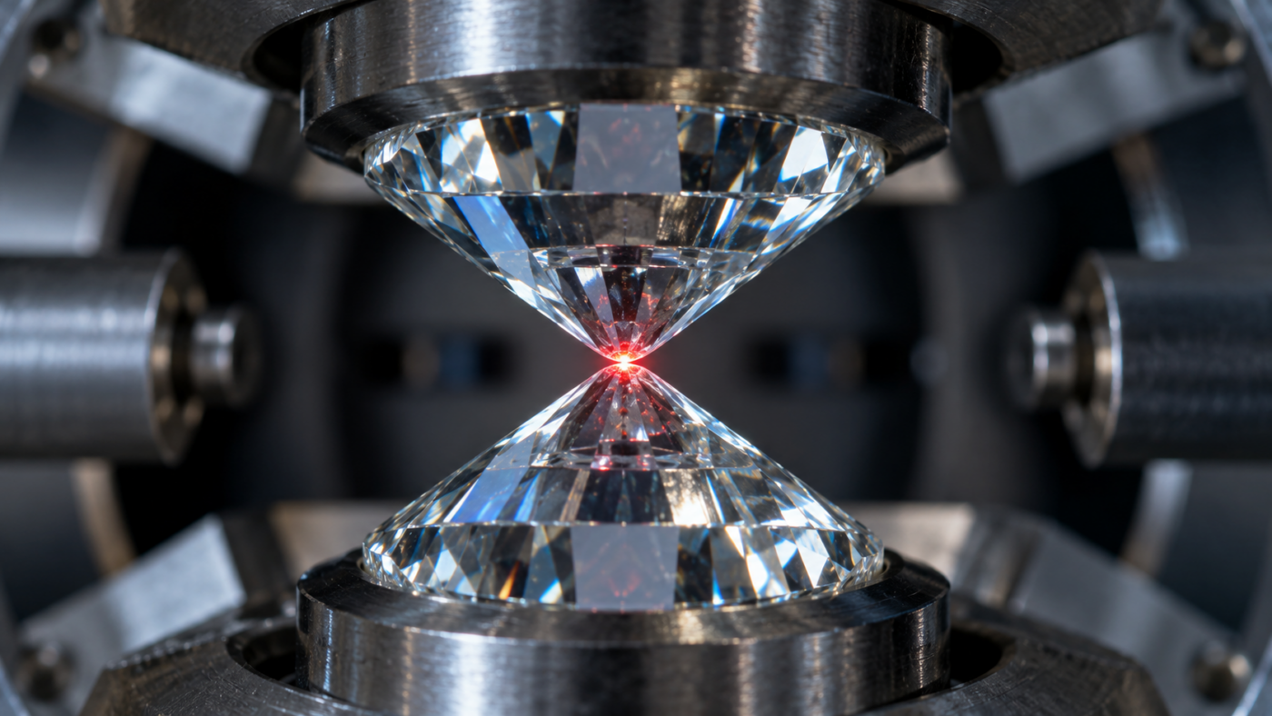Deux pointes de diamant se font face dans une cellule haute pression, un point lumineux rouge entre elles.