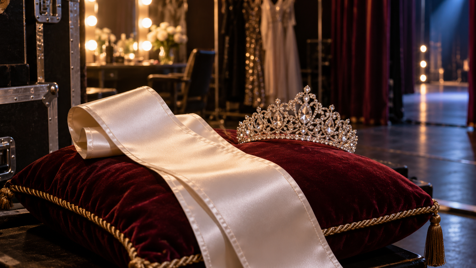 Écharpe de satin pliée et diadème posés sur un coussin de velours, en coulisses d’une salle de spectacle.