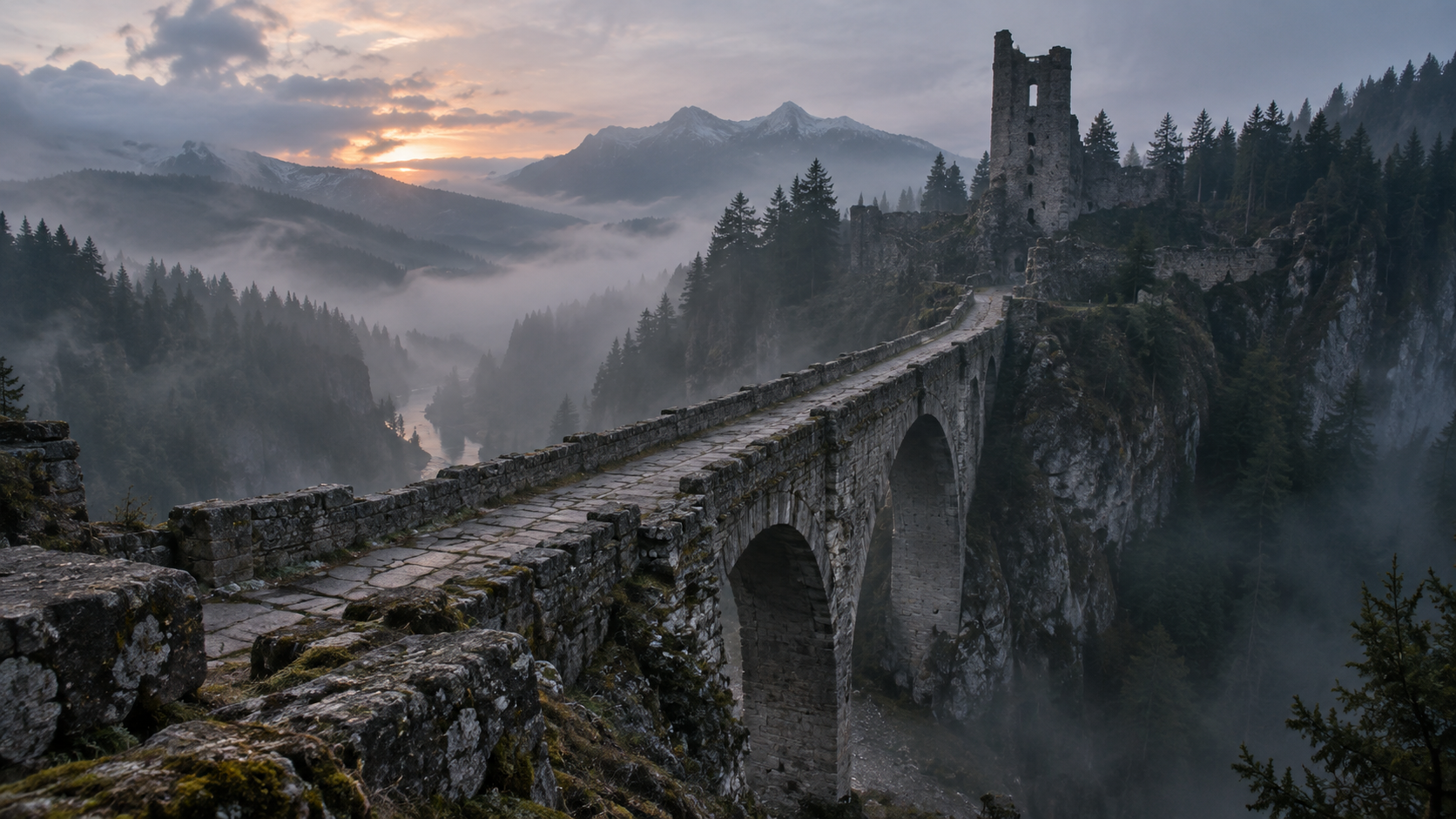 Pont de pierre étroit au-dessus d’une vallée brumeuse, tour en ruine et bois sombres sur l’autre rive.