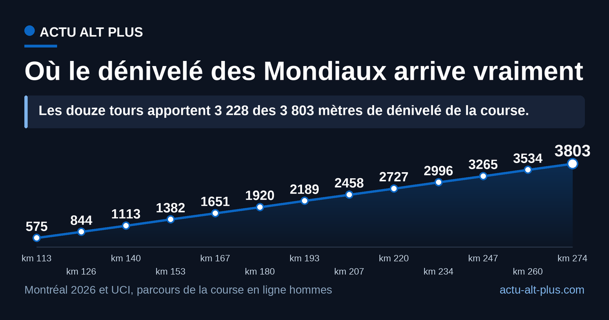 Après cent treize kilomètres d'approche, le peloton n'a grimpé que 575 mètres. Tout le reste arrive ensuite, par paliers de 269 mètres, un par tour. Dénivelé de l'approche obtenu par différence avec le total officiel.