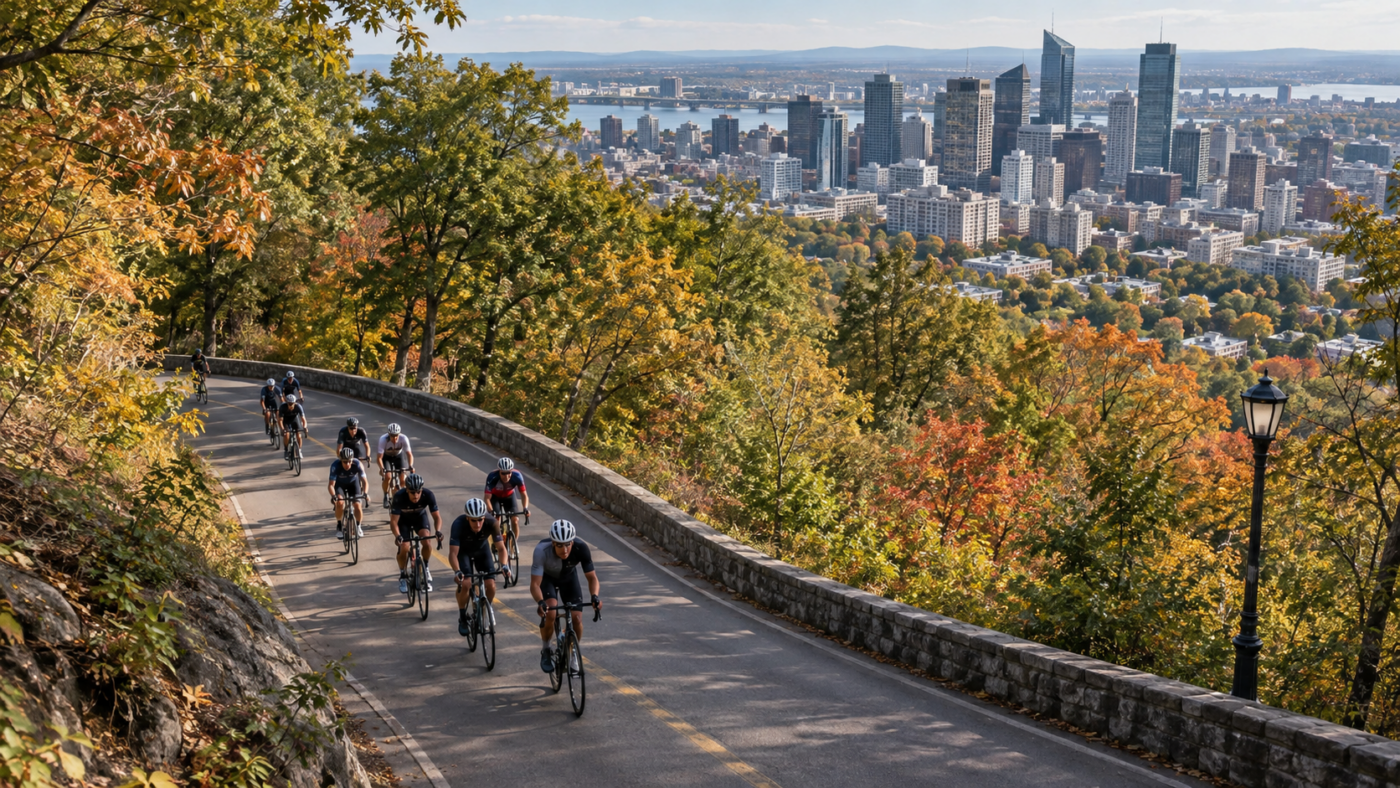 Vue aérienne d'un groupe de coureurs cyclistes dans une montée boisée d'un parc urbain, avec une ville au loin.