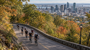 Vue aérienne d'un groupe de coureurs cyclistes dans une montée boisée d'un parc urbain, avec une ville au loin.