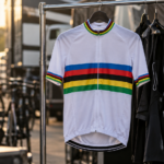 Un maillot aux bandes arc-en-ciel accroché à un portant métallique, dans les coulisses d'une course sur route.