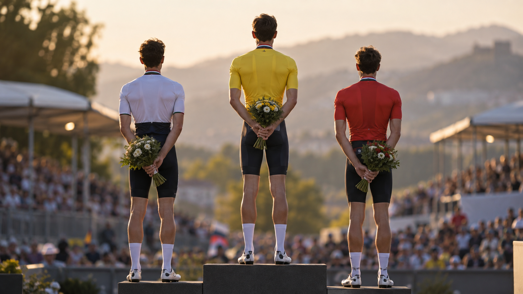 Trois coureurs de dos sur les marches d'un podium de course sur route, devant des tribunes.